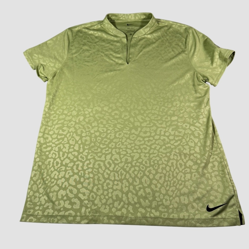 Nike Womens Dri-FIT Leopard Print Golf Polo Shirt Sage Green Split Neck Large